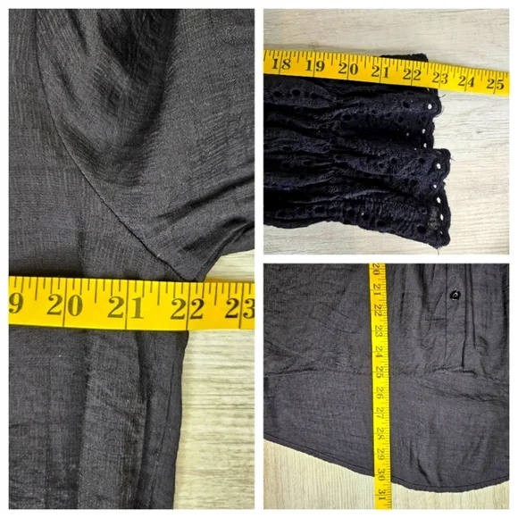 Women's Boho Charcoal Button Front Blouse Eyelet Bell Sleeves Medium Casual Chic - Picture 7 of 7